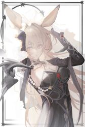  animal_ears arknights arms_up black_dress blonde_hair bloom border breasts cleavage cowboy_shot dorothy_(arknights) dorothy_(hand_of_destiny)_(arknights) dress female hair_between_eyes hair_intakes halo highres jewelry kotowaza medium_breasts necklace official_alternate_costume orange_border parted_lips pearl_necklace solo standing star_(symbol) yellow_eyes 