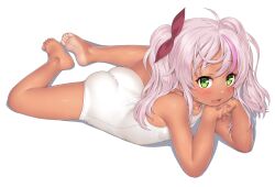  ahoge ass breasts comandante_cappellini_(kancolle) dark-skinned_female dark_skin dd_(ijigendd) female green_eyes i-503_(kancolle) kantai_collection light-skinned_soles long_hair looking_at_viewer multicolored_hair old_school_swimsuit one-piece_swimsuit pink_hair purple_hair school_swimsuit small_breasts smile solo streaked_hair swimsuit twintails white_one-piece_swimsuit 