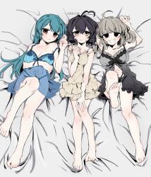  3girls ahoge an_sin araga_kiwi babydoll bare_legs black_babydoll black_hair blonde_hair blue_hair blue_nightgown breasts cleavage commentary heart heart_ahoge highres hiiragi_utena korean_commentary large_breasts long_hair looking_at_viewer lying mahou_shoujo_ni_akogarete minakami_sayo multiple_girls nightgown on_back panties see-through_nightgown short_hair take_your_pick thong underwear 