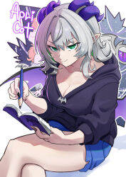  adapted_costume apricot_the_lich apricot_the_lich_(8th_costume) black_hoodie blue_shorts breasts character_name cleavage commentary crossed_legs dolphin_shorts english_commentary female green_eyes grey_hair highres holding holding_notebook holding_pencil hood hoodie horns invisible_chair large_breasts medium_hair notebook pencil pink_mousse pointy_ears purple_horns shorts sitting solo vshojo 