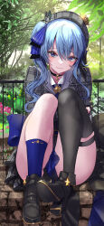  absurdres asymmetrical_legwear black_choker black_footwear black_thighhighs blue_hair blue_necktie blue_socks blush brick_floor choker closed_mouth collared_dress dress female full_body gold_trim grey_dress hair_between_eyes high_heels highres hololive hoshimachi_suisei hoshimachi_suisei_(1st_costume) knees_up legs_together long_hair long_sleeves looking_at_viewer mismatched_legwear necktie outdoors plaid_clothes plaid_dress plaid_headwear pleated_dress railing shadow side_ponytail sitting socks solo star_(symbol) star_in_eye symbol_in_eye thighhighs thighs virtual_youtuber yusuke_(shiota) 