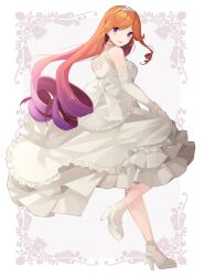  alternate_costume dress drill_hair elbow_gloves female from_behind full_body gloves gradient_hair hairband high_heels highres kantai_collection long_hair looking_at_viewer multicolored_hair orange_hair purple_eyes purple_hair shakemi_(sake_mgmgmg) side_drill skirt_hold smile solo tiara white_dress white_footwear white_gloves yuugure_(kancolle) 