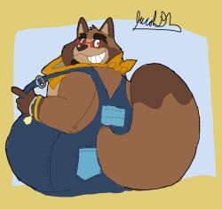  2024 anthro belly big_belly brown_body canid canine clothing eyewear glasses hi_res jacobspencer04 male mammal overalls overweight overweight_male raccoon_dog simple_background solo tanuki 