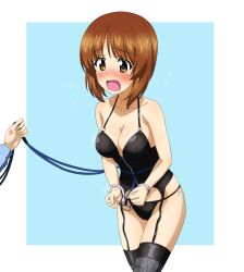  alternate_costume anger_vein bare_shoulders black_garter_straps black_panties blush breasts brown_eyes brown_hair cleavage collarbone commentary_request cowboy_shot cuffs embarrassed female garter_straps girls_und_panzer handcuffs highres key_(gaigaigai123) lace lingerie nishizumi_miho o-ring open_mouth panties panty_tag shiny_skin short_hair solo_focus tag underwear zipper 