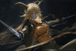  animal_ears arknights belt_chain black_gloves blonde_hair breasts cowboy_shot degenbrecher_(arknights) female gloves goat_ears goat_girl goat_horns green_pants hair_between_eyes highres holding holding_sword holding_weapon horns jacket large_breasts lingear long_hair long_sleeves looking_at_viewer necktie orange_shirt pants shirt solo sword very_long_hair weapon yellow_eyes 