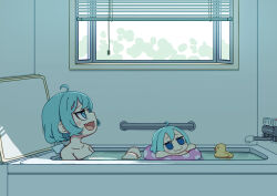  2girls absurdres ahoge aqua_eyes bath bathing blue_eyes blue_hair blush_stickers c: cirno clone closed_mouth fumo_(doll) highres ice ice_wings indoors jitome kame_(kamepan44231) light_blue_hair looking_up multiple_girls nude oerba_yun_fang open_mouth rubber_duck short_hair sidelocks skin_fang smile swim_ring touhou water window wings 