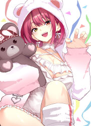  absurdres breasts claw_pose cleavage dress earrings female heart heart_earrings heterochromia highres holding holding_stuffed_toy hololive hood hooded_jacket houshou_marine houshou_marine_(8th_costume) jacket jewelry large_breasts medium_hair neji_mawashi3 red_eyes red_hair solo stuffed_animal stuffed_toy teddy_bear virtual_youtuber white_dress white_jacket yellow_eyes 