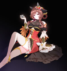  animal_ears ball bare_shoulders black_background boots breasts brown_hair cleavage closed_mouth detached_sleeves dress ear_covers female gentildonna_(umamusume) gloves hair_rings hand_up high_heel_boots high_heels holding holding_ball horse_ears long_hair looking_at_viewer medium_breasts metal_ball purple_eyes red_dress romi_(346_ura) sitting sleeveless sleeveless_dress smile solo thigh_boots umamusume white_footwear white_gloves 