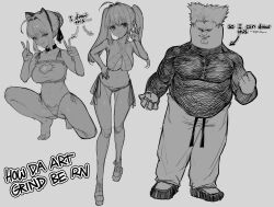  1boy 2girls absurdres ahoge arrow_(symbol) bikini braid breasts cat_cutout cat_ear_panties cleft_chin clothing_cutout collar cosplay double_v dual_persona english_commentary english_text family_guy fat fat_man fate_(series) full_body garou_(one-punch_man) garou_(one-punch_man)_(cosplay) greyscale hair_bun hair_intakes highres kowai_(iamkowai) large_breasts monochrome multiple_girls navel nero_claudius_(fate) nero_claudius_(swimsuit_caster)_(fate) ok_sign one-punch_man panties peter_griffin side-tie_bikini_bottom sidelocks standing swimsuit twintails underwear v 