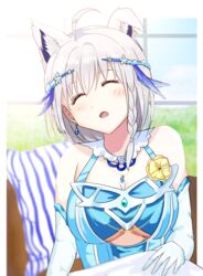  ahoge animal_ear_fluff animal_ears aquarium_(visual_novel) blue_dress blurry blurry_background blush closed_eyes commentary_request dress earrings elbow_gloves extra_ears female fox_ears fox_girl gloves hair_between_eyes highres hololive homulily jewelry long_hair open_mouth pillow shirakami_fubuki sleeping solo virtual_youtuber white_hair 