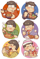  6+boys :t ahoge black_hair blowing_on_food blueberry brothers burger cheese chicken_(food) closed_eyes curry curry_rice eating food food_on_face fried_chicken fruit gratin hat heart highres katsu_(food) long_sleeves male_focus mask mask_pull matsuno_choromatsu matsuno_ichimatsu matsuno_jyushimatsu matsuno_karamatsu matsuno_osomatsu matsuno_todomatsu mouth_mask multiple_boys oerba_yun_fang one_eye_closed open_mouth osomatsu-san osomatsu_(series) pancake pancake_stack plaid plaid_shirt porkpie_hat portrait purple_sweater rice sanjiro_(tenshin_anman) sextuplets shirt short_hair siblings smile souffle_pancake strawberry sweater syrup thick_eyebrows whipped_cream 