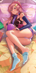  ass bad_id bad_pixiv_id bare_legs bed feet female gundam gundam_seed gundam_seed_destiny hair_ornament halo haro highres japanese_clothes kimono lacus_clyne long_hair looking_at_viewer panties pillow pink_eyes pink_hair short_kimono sleeveless sleeveless_kimono socks star_(symbol) star_hair_ornament underwear yonoki 