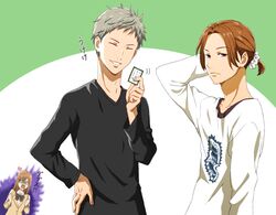  2boys :o anger_vein ayase_chihaya black_bow black_shirt bow brown_hair chihayafuru clenched_hands facial_hair female grey_hair karuta_(card_game) long_sleeves matatabi_(ygwkw8kh21n12mx3fdjb) multiple_boys official_style shirt short_ponytail shouting simple_background stubble sudou_akihito suou_hisashi upper_body uta-garuta white_shirt 