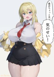  aymusk bare_shoulders black_skirt blonde_hair blue_eyes blush breasts buttons cheerleader collared_shirt commentary_request covered_navel cowboy_shot curvy double-breasted female freckles freckles-chan_(aymusk) grey_background hair_between_eyes hair_ornament hairclip highres long_hair looking_at_viewer necktie oerba_yun_fang original pom_pom_(cheerleading) red_necktie shirt simple_background skin_fang skirt sleeveless sleeveless_shirt solo standing sweat thick_thighs thighs translated white_shirt 