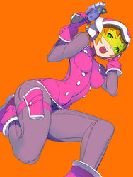  assault_visor bodysuit boots breasts commentary_request covered_nipples enkyo_yuuichirou female finger_on_trigger gloves green_eyes grey_pantyhose gun helmet highres hisho_collection holding holding_gun holding_weapon impossible_bodysuit impossible_clothes medium_breasts open_mouth orange_background orange_hair pantyhose pink_bodysuit pink_footwear pink_gloves short_hair simple_background skin_tight solo weapon 