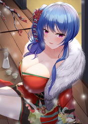  absurdres arm_support azur_lane between_breasts blue_hair blush bottle branch breasts chinese_commentary choko_(cup) cleavage collarbone commentary_request cup female flower fur_scarf hair_between_eyes hair_flower hair_ornament highres japanese_clothes kami_no_kaze_zero kimono large_breasts liquid long_hair looking_at_viewer obi official_alternate_costume parted_lips print_kimono purple_eyes red_kimono sash shadow short_kimono side_ponytail sidelocks sitting sliding_doors smile snow snowing solo st._louis_(azur_lane) st._louis_(spirits_in_the_snow)_(azur_lane) tatami thighhighs tokkuri tray veranda white_thighhighs wooden_floor 