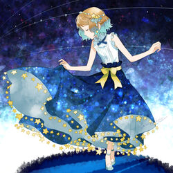  aqua_footwear blue_ribbon bow closed_eyes commentary_request dress eyelashes female hair_ornament kanimaru light_brown_hair neck_ribbon pokemon pokemon_(anime) pokemon_xy_(anime) ribbon serena_(pokemon) shoes short_hair skirt skirt_hold sleeveless solo sparkle standing star_(symbol) yellow_bow 