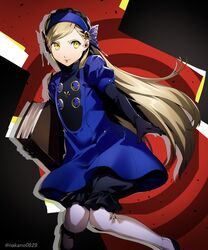  absurdres black_gloves black_shorts blonde_hair blue_dress blue_hairband closed_mouth commentary dress elbow_gloves female floating_hair gloves hairband highres holding lavenza_(persona_5) long_hair looking_to_the_side nakano_maru persona persona_5 short_dress shorts shorts_under_dress solo swept_bangs twitter_username very_long_hair yellow_eyes 