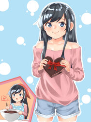  alternate_costume apron asashio_(kancolle) bandana bare_shoulders black_hair blue_apron blue_background blue_eyes blue_shorts casual chocolate commentary_request cowboy_shot denim denim_shorts female heart highres kantai_collection long_hair looking_at_viewer multiple_views off-shoulder_shirt off_shoulder pink_shirt polka_dot polka_dot_apron polka_dot_background shirt shorts soujou_motona spoken_heart 