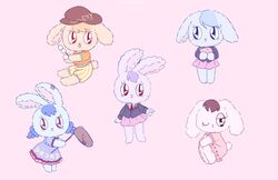  5girls animal animal_ears barefoot black_jacket black_sleeves blue_dress blue_eyes blue_hair blue_jacket blue_sleeves brown_eyes brown_hair brown_headwear closed_mouth collar crescent dango dreamysuite dress esther_bunny food fruit hand_up hands_up hat inaba_tewi inaba_tewi_(bunny) jacket long_hair long_sleeves looking_at_another looking_to_the_side multiple_girls necktie open_mouth orange_hair orange_shirt orange_sleeves peach pink_background pink_dress pink_skirt pink_sleeves purple_hair rabbit rabbit_ears rabbit_tail red_eyes red_necktie reisen_(touhou_bougetsushou) reisen_(touhou_bougetsushou)_(bunny) reisen_udongein_inaba reisen_udongein_inaba_(bunny) ringo_(touhou) ringo_(touhou)_(bunny) seiran_(touhou) seiran_(touhou)_(bunny) shirt short_hair short_sleeves shorts simple_background sitting skirt smile standing star_(symbol) star_print striped_clothes striped_shorts t-shirt tail touhou wagashi weapon white_collar white_shirt yellow_shorts 