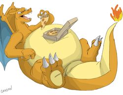  2019 absurd_res anthro belly big_belly canson cansonzard charizard claws container eyewear fangs fire flaming_tail food food_on_belly generation_1_pokemon glasses hi_res holding_food holding_object horn lying male nintendo on_back open_mouth orange_body orange_skin overweight overweight_male pizza pizza_box pokemon pokemon_(species) signature simple_background solo tail teeth white_background wings yellow_body yellow_skin 