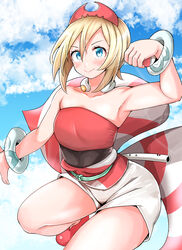  absurdres adahcm arm_wrap armpits blonde_hair blue_eyes female highres irida_(pokemon) jewelry knees neck_ring poke_ball pokemon pokemon_legends:_arceus red_headwear red_shirt shirt short_hair shorts solo strapless strapless_shirt waist_cape white_shorts 