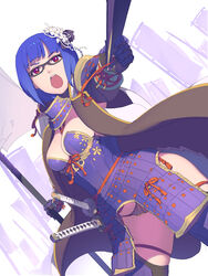  armor blue_hair boobplate breastplate breasts cleavage commentary_request dutch_angle enkyo_yuuichirou faulds female glasses gloves grey-framed_eyewear hair_ornament haori highres hisho_collection japanese_armor japanese_clothes katana kote kusazuri looking_at_viewer medium_breasts open_mouth samurai short_hair shoulder_armor sode solo standing sword thighhighs weapon 