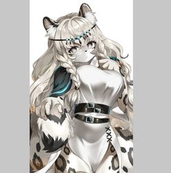  alternate_species anthro arknights belt braided_hair breasts circlet clothed clothing dress felid female fur furrification grey_body grey_eyes grey_fur grey_hair hair holding_tail hypergryph kemono long_hair mammal mantle markings pantherine pillarbox pouting pramanix_(arknights) ruri_tsubame snow_leopard solo spots spotted_body spotted_fur studio_montagne tail 