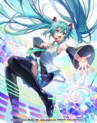  alice_fiction aqua_eyes aqua_hair aqua_nails aqua_necktie black_skirt black_sleeves boots commentary detached_sleeves female floating_hair hair_between_eyes hair_ornament hatsune_miku kyusoukyu long_hair miniskirt necktie official_art open_hand open_mouth outstretched_hand skirt solo thigh_boots twintails very_long_hair vocaloid 