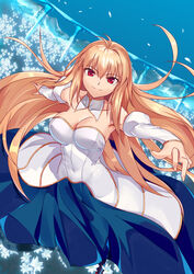  absurdres antenna_hair archetype_earth arcueid_brunestud blonde_hair blue_skirt breasts closed_mouth collarbone commentary cqqz0707 detached_collar detached_sleeves dress female fingernails floating_hair flower garden gold_trim hair_between_eyes highres large_breasts long_hair long_skirt looking_at_viewer melty_blood outdoors outstretched_arms red_eyes single_hair_intake skirt sky smile solo spread_arms strapless strapless_dress tsukihime very_long_hair white_dress white_flower white_sleeves 