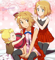  1boy 2girls black_legwear blonde_hair blush bonnie_(pokemon) brown_eyes brushing_another&#039;s_hair brushing_hair clenched_teeth closed_eyes closed_mouth commentary_request crossdressing eyelashes hair_brush hat holding holding_clothes holding_hat kanimaru light_brown_hair multiple_girls pleated_skirt pokemon pokemon_(anime) pokemon_xy_(anime) red_skirt satoshi_(pokemon) serena_(pokemon) shirt short_hair signature sitting skirt sleeveless sleeveless_shirt smile sweat teeth thighhighs watermark 