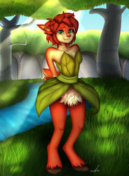  2020 activision anthro breasts cleavage clothed clothing cynder18 day deer detailed_background digital_media_(artwork) elora faun_(spyro) female hi_res hooves leaf_clothing leaf_dress mammal multicolored_body outside sky smile solo spyro_reignited_trilogy spyro_the_dragon two_tone_body 