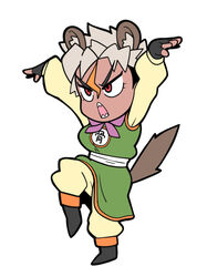  2020 animal_humanoid blonde_highlights chibi clothing cosplay digital_media_(artwork) dragon_quest dragon_quest_iii fang_honebuchi fang_honebuchi_(artist) fantasy female grey_hair hair hi_res highlights_(coloring) humanoid hyena hyena_humanoid mammal mammal_humanoid pose posing_for_picture red_eyes sharp_teeth solo square_enix tanned_skin teeth vtuber warrior 