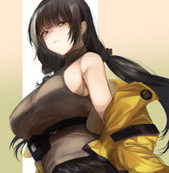  bare_shoulders black_hair braid breasts brown_shirt closed_mouth female from_below girls&#039;_frontline heterochromia highres jacket kojima_(blue_stardust) large_breasts long_hair low_tied_hair multicolored_hair off_shoulder ro635_(girls&#039;_frontline) ro635_(mod3)_(girls&#039;_frontline) shirt sleeveless sleeveless_shirt solo streaked_hair underbust yellow_jacket 