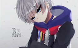  1boy blue_eyes character_name ear_piercing grey_hair hood hood_down hoodie irohamurasaki looking_at_viewer maha5 maha5japan male_focus miwa_teto pale_skin piercing virtual_youtuber 