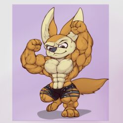  abs anthro biceps big_muscles bottomwear canid canine clothed clothing disney fennec_fox finnick_(zootopia) flexing fox kheel male mammal muscular muscular_male pecs shorts solo topless true_fox vein veiny_muscles zootopia zootopia_shorts 