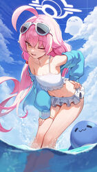  absurdres ahoge bikini blue_archive blue_eyes blush breasts cloud collarbone commentary day eyewear_on_head female frilled_bikini frills hair_bobbles hair_ornament halo highres hoshino_(blue_archive) hoshino_(swimsuit)_(blue_archive) hutosutoro jacket long_hair looking_at_viewer navel oerba_yun_fang official_alternate_costume one_eye_closed open_mouth pink_hair skin_fang sky small_breasts solo sunglasses swimsuit thighs twintails very_long_hair wading wet white_bikini yellow_eyes 