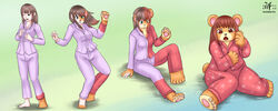  2022 animate_inanimate anthro barefoot bear brown_body brown_hair button_(fastener) button_eyes clothing digital_media_(artwork) feet female hair human human_to_anthro human_to_inanimate living_plushie mammal mid_transformation open_mouth pajamas plushie plushification sequence simple_background solo species_transformation surprise teddy_bear teddy_bear_(species) transformation transformation_sequence witchfiend 