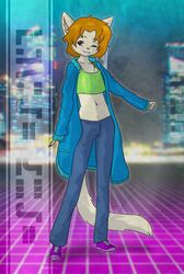  2023 anthro bottomwear clothing denim denim_bottomwear denim_clothing digital_media_(artwork) farrah_furcett felid felin female flat_chested footwear fur hair hi_res jacket jeans kawaoneechan mammal midriff oversized_clothing pants shirt shoes smile sneakers solo standing tail tank_top text topwear 