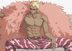  1boy abs blonde_hair camouflage camouflage_pants closed_mouth collarbone donquixote_doflamingo earrings fulenimenle fur_trim highres jewelry looking_to_the_side male_focus muscular muscular_male one_piece pants pectorals purple_pants short_hair simple_background sitting spread_legs sunglasses topless_male v-taper veins veiny_arms 