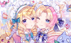  2girls :o absurdres blonde_hair blue_eyes blush bow bowtie brooch cafe_cuties_(league_of_legends) cafe_cuties_gwen cafe_cuties_soraka cone_hair_bun cream drill_hair food green_bow gwen_(league_of_legends) hair_bun hairbow hezi_(measukivov) highres horns jewelry league_of_legends long_hair looking_at_viewer maid maid_headdress multicolored_hair multiple_girls official_alternate_costume one_eye_closed parted_bangs partially_translated pink_hair pointy_ears portrait single_horn smile soraka_(league_of_legends) translation_request twin_drills twintails two-tone_hair 