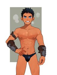  1boy arm_strap black_hair blue_eyes bulge character_request copyright_request grin hand_on_own_hip highres male_focus male_swimwear pectorals scar scar_on_arm scar_on_stomach short_hair smile solo straight-on sweat swim_briefs topless_male wrist_guards yaowu 