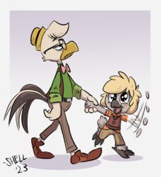  adoration ankle_tuft anthro avian beak belt bird black_tail_feathers blonde_hair blush bow_tie brown_clothing chicken clothing disney ducktales ducktales_(2017) duo excited eyewear fan_character feathers feet fluffy fluffy_tail galliform gallus_(genus) glasses glistening glistening_eyes green_clothing grey_beak grey_body grey_feathers grey_feet gyro_gearloose hair hand_holding hat head_tuft headgear headwear khaki_pants leg_tuft loafers male nephew_(lore) orange_beak orange_clothing phasianid pink_clothing shellyochunks silkie_chicken sweater sweater_vest tail tan_body tan_clothing tan_feathers tan_tail_feathers topwear tuft uncle_(lore) uncle_and_nephew_(lore) vest white_body white_feathers white_tail_feathers yellow_beak yellow_feather_hair 