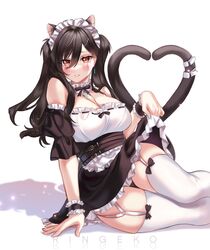  absurdres alternate_costume animal_ears apron artist_name bad_id bad_twitter_id black_hair breasts brown_eyes cat_ears cat_girl cat_tail clothes_pull dress dress_pull enmaided female hair_between_eyes heart heart_tail highres indie_virtual_youtuber large_breasts leaning_to_the_side maid maid_apron maid_headdress multiple_tails off-shoulder_dress off_shoulder ringeko-chan second-party_source shin_tora sitting skindentation solo tail thighhighs two_side_up virtual_youtuber wrist_cuffs 