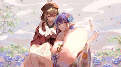  2girls animal animal_on_shoulder blue_flower blue_kimono boros_(ouro_kronii) braid braided_bangs brown_eyes brown_hair brown_headwear brown_kimono cloud commentary ellie_niunai_zhuyi_zhe falling_petals floating floating_object flower furisode hair_flower hair_ornament hand_up highres holding holding_animal hololive hololive_english japanese_clothes key kimono long_sleeves multicolored_hair multiple_girls nanashi_mumei nanashi_mumei_(new_year) official_alternate_costume open_mouth ouro_kronii ouro_kronii_(new_year) outdoors parted_lips petals purple_eyes purple_flower purple_hair purple_nails red_shawl shawl short_hair smile snake streaked_hair tree virtual_youtuber wide_sleeves 