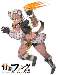  2020 animal_humanoid arm_guards big_breasts blonde_highlights bone boots bottomwear breasts clothing collar fang_honebuchi fang_honebuchi_(artist) female footwear hair hi_res highlights_(coloring) humanoid hyena hyena_humanoid inner_ear_fluff jacket japanese_text jewelry mammal mammal_humanoid muscular muscular_female necklace red_eyes sharp_teeth shaved_sides silver_hair solo tanned_skin teeth text topwear tuft vtuber 