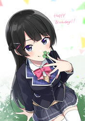  arm_support black_hair black_jacket blazer blue_eyes blush bow bowtie braid breasts closed_mouth clover collared_shirt commentary_request female four-leaf_clover french_braid hair_ornament hairclip hand_up happy_birthday highres jacket lapels long_hair long_sleeves looking_at_viewer nail_polish nijisanji pink_bow pink_bowtie pink_nails plaid pleated_skirt pocket ribbed_sweater shirt simple_background sitting skirt smile solo split_mouth sweater thighhighs tsukino_mito tsukino_mito_(1st_costume) v-neck virtual_youtuber white_background white_shirt white_thighhighs yuama_(drop) 