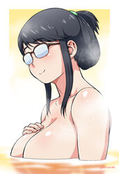  alternate_hairstyle artist_name black_hair breasts female glasses hair_up hand_on_own_chest houkago_teibou_nisshi kouda_tomohiro large_breasts nude oono_makoto opaque_glasses over-rim_eyewear partially_submerged rectangular_eyewear semi-rimless_eyewear sidelocks smile solo wet 