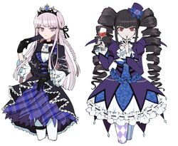  2girls aikatsu! aikatsu!_(series) black_hair bonnet braid celestia_ludenberg commentary cosplay crossover cup danganronpa:_trigger_happy_havoc danganronpa_(series) drill_hair drinking_glass gothic_lolita highres hikami_sumire hikami_sumire_(cosplay) holding kirigiri_kyoko lolita_fashion long_hair multiple_girls omochi_ksw pantyhose purple_eyes purple_hair red_eyes side_braid todo_yurika todo_yurika_(cosplay) twin_drills white_background white_legwear wine_glass 