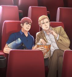  2boys amuro_ray blonde_hair blue_eyes blue_shirt blurry brown_hair brown_pants buttons char&#039;s_counterattack char_aznable crossed_legs curly_hair eating food grin gundam gundam_hathaway&#039;s_flash hair_slicked_back highres jacket light_rays movie_poster_(object) movie_theater multiple_boys pants parody polo_shirt popcorn rie_asap sharing_food shirt smile white_shirt yellow_jacket 